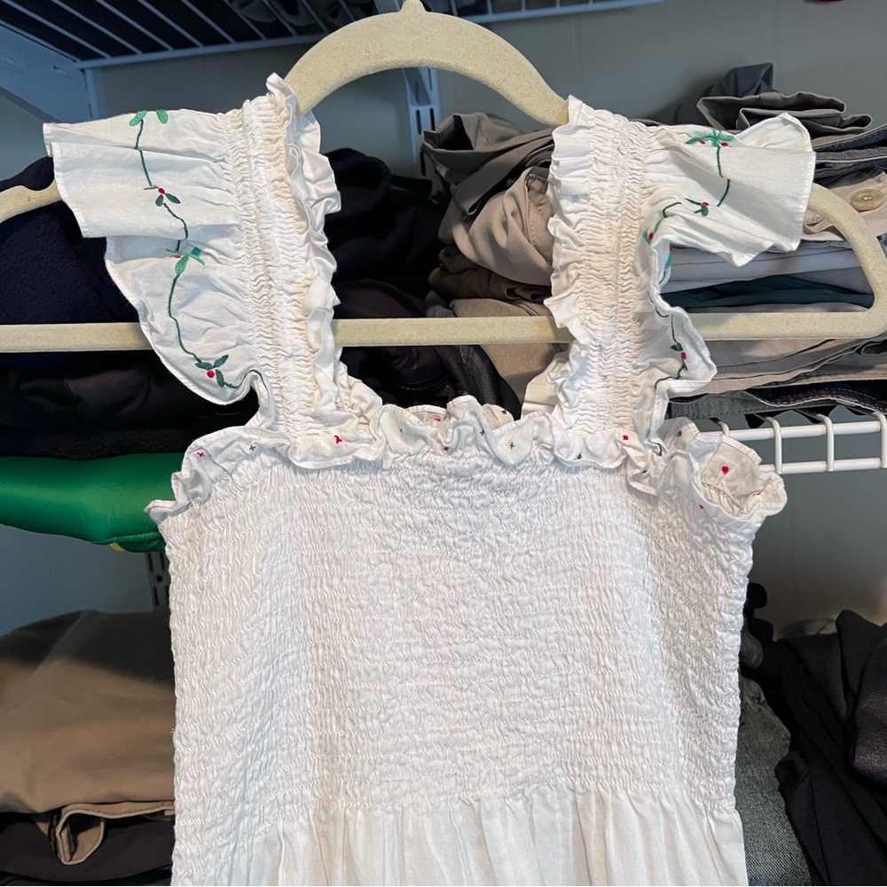 Hill House White Smocked Ruffle-Strap Sundress with Green & Red Embroidery